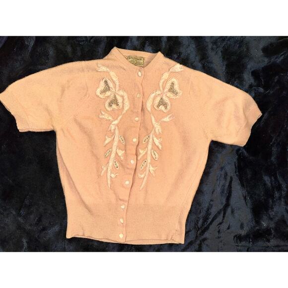 VINTAGE PEACH BALMORAL CASHMERE RHINESTONES & RIBBON TRIM CARDIGAN SWEATER - Picture 10 of 11